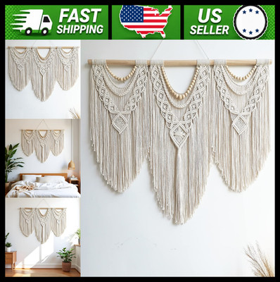 Large Macrame Wall Hanging Boho Woven Wall Decor with Wood Beads 43x32in
