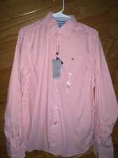 Tommy Hilfiger Slim Fit Striped Dress Shirt Red White Collared Men's Size S