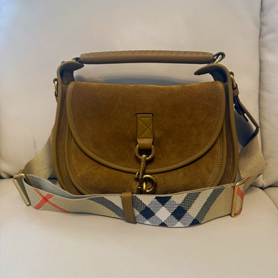 Burberry Brown Crossbody Bag Checkered Strap Buckle Accent, Detachable Gold