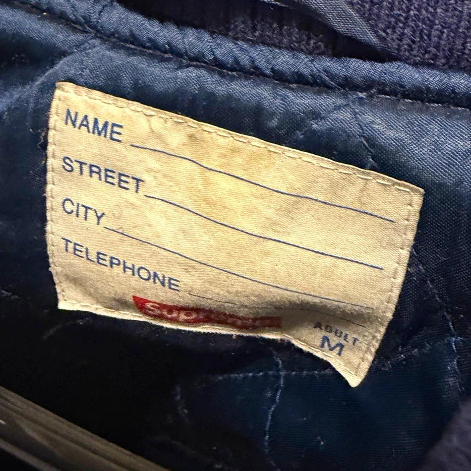 Supreme Navy Leather Varsity Jacket M Snap Front Lined Cartoon Embroidered image 1