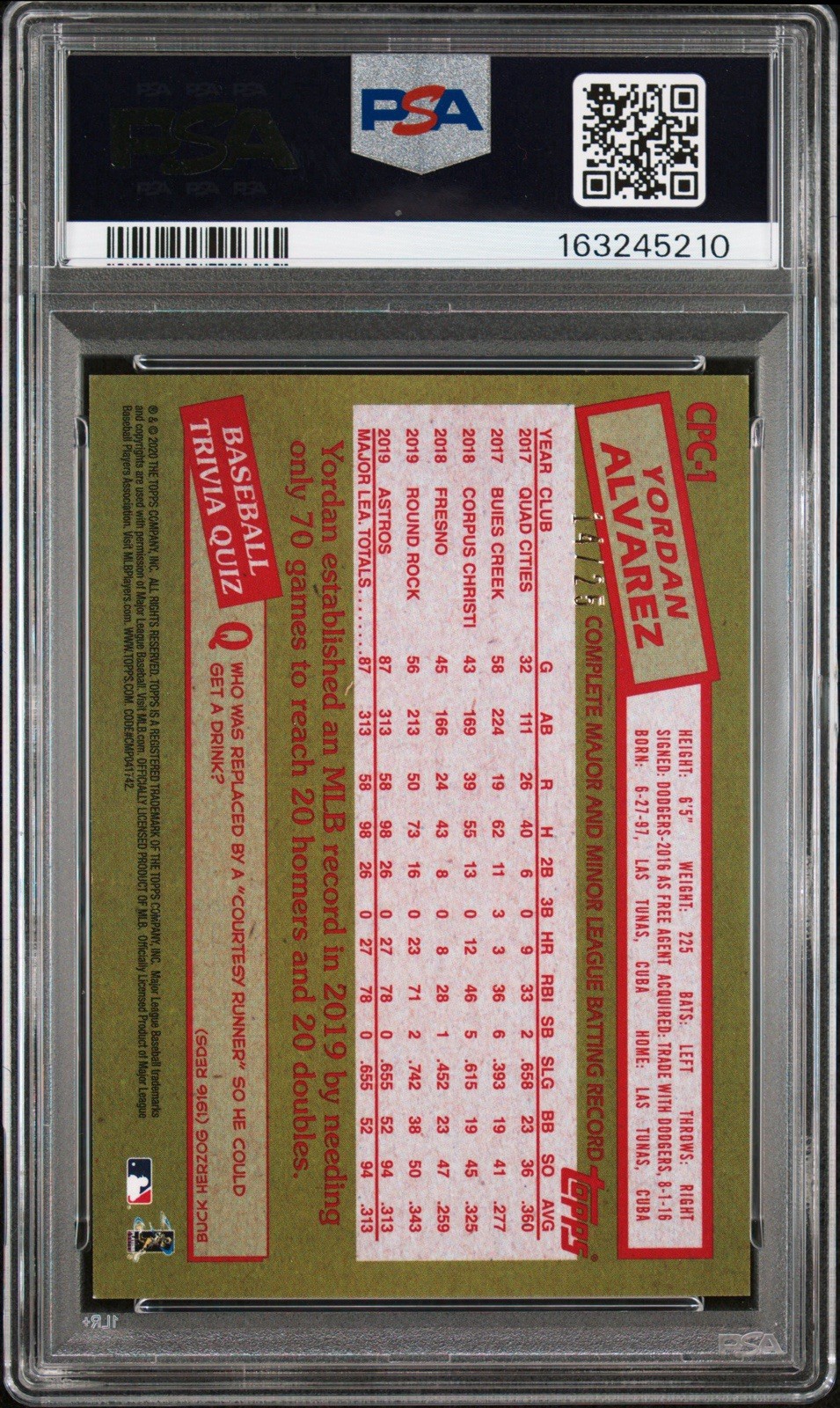 2020 Topps Update Silver Pack Orange 14/25 RC Yordan Alvarez PSA 9 Pop 2 view 2