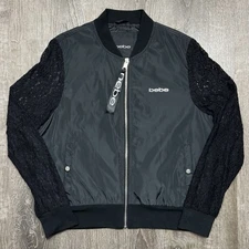 Bebe Vintage Black Long Sleeve Lace Sleeve Full Zip Jacket Womens Large Y2K