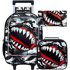 18" Shark Rolling Backpack for Boys, 3Pcs Kids School Backpacks with Wheels, ...