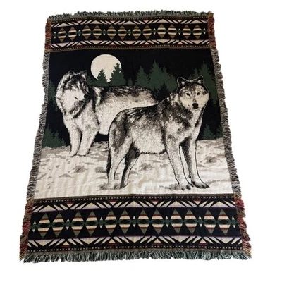 Vintage Woven Tapestry Throw Blanket 2 Gray Wolves Wolf Wall Hanging 46x70 - Image 1 of 4