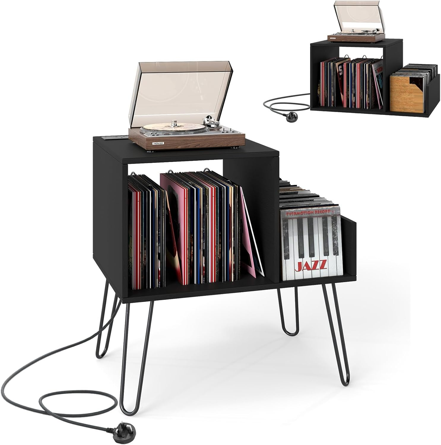 Record Player Stand Storage Cabinet Adjustable Dividers Charging Station Unit