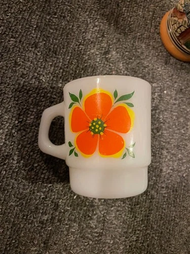 Vintage FIRE KING  Orange & Yellow Flowers  MUG / CUP  Anchor Hocking  USA Retro