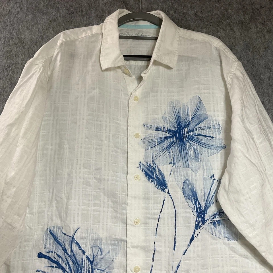 Camisa Caribeña Para Hombre Extra Grande Blanca Tropical Mezcla de Lino Manga Larga Crucero Foto 3 de 4