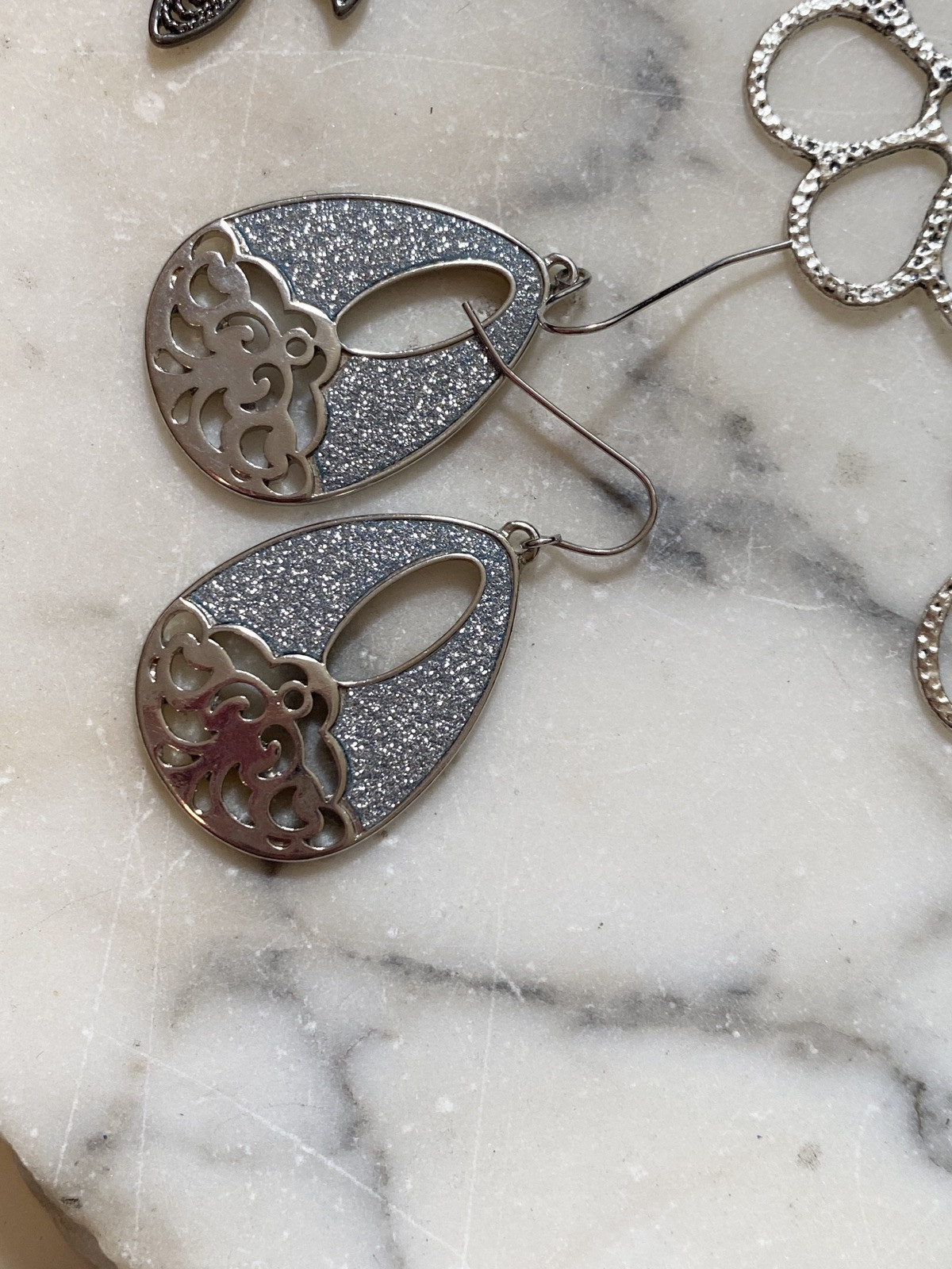 Three Silver tone Statement Earrings Feather, Flo… - image 2