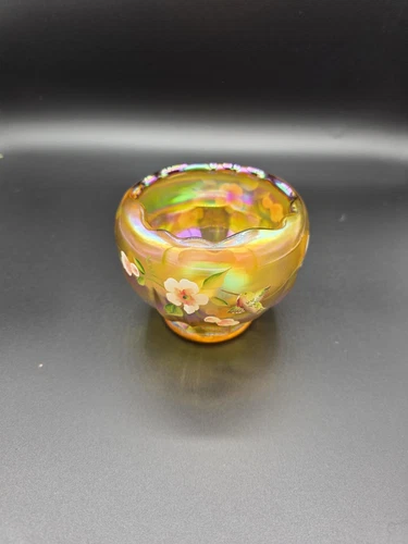 Fenton QVC Art Glass Autumn Gold Rose Hummingbird Candlebowl Signed Hand Painted