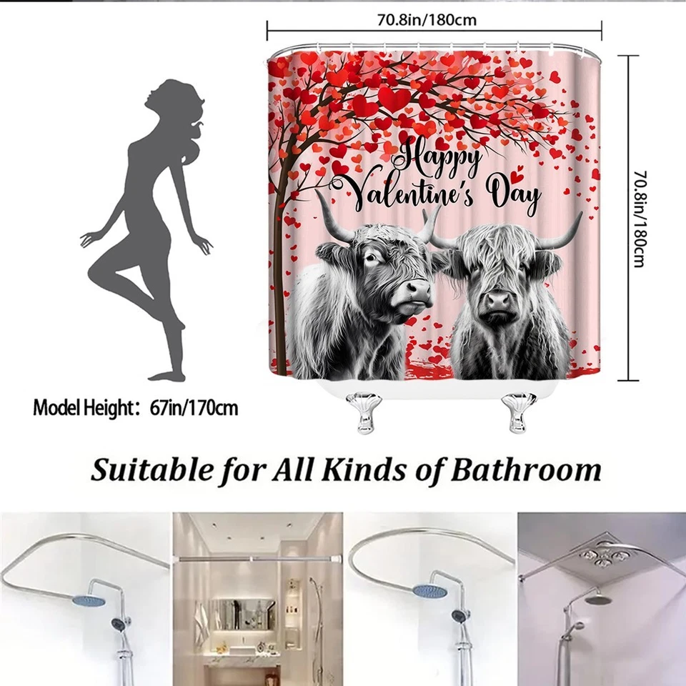 Cortina de Ducha Día de San Valentín Highland Vaca Corazón Rojo Árbol Divertido Animal Decoración Foto 4 de 4