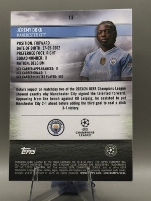 Jeremy Doku Manchester City 2023-24 Topps Stadium Club Black and