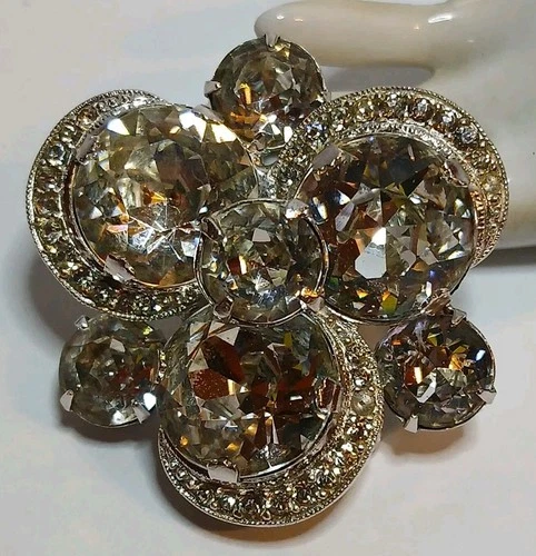Vintage Silver Tone Eisenberg Rhinestone Brooch Signed  2/7 '42 AS IS