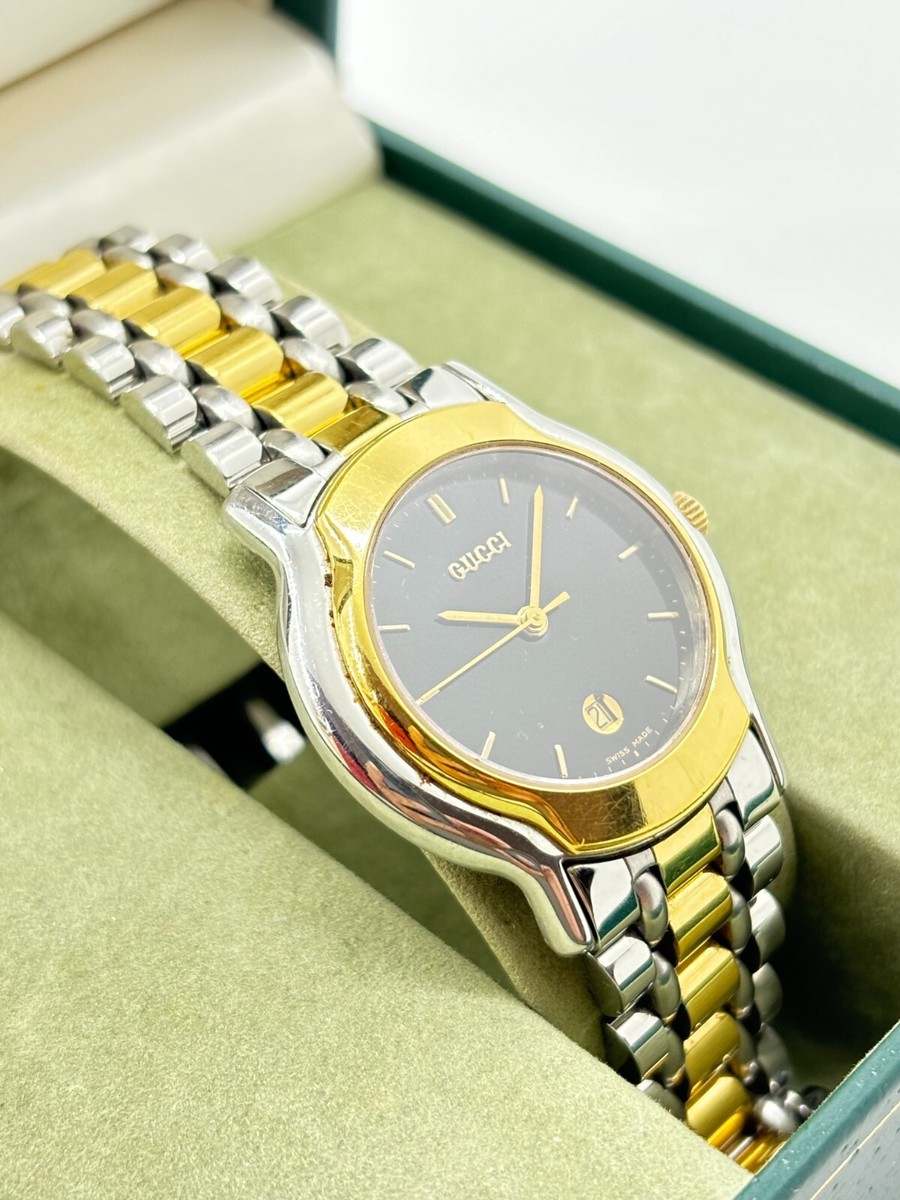 Exc+5 w/Box ] Gucci Watch 8000.2 L Gold & Silver Case Black