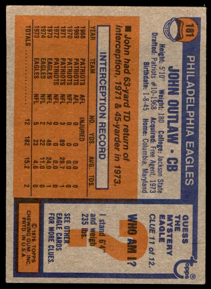 1976 TOPPS JOHN OUTLAW . PHILADELPHIA EAGLES #181 - Image 2 of 2