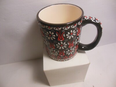 MYTH ARTS BLACK RED & WHITE HANDMADE IN TURKEY Embossed CERAMIC COFFEE TEA MUG