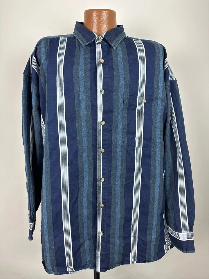 Vintage 90s Faded Glory Shirt Men 2XLT TALL Blue Striped Long Sleeve Heavyweight - Image 2 of 4