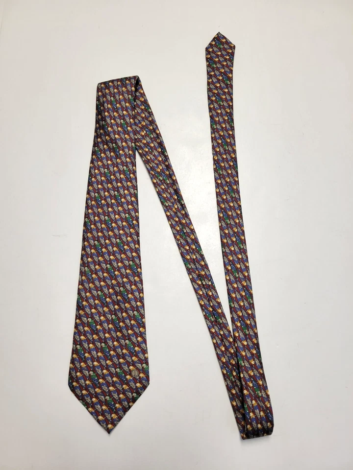 DUNHILL мужчин шеи галстук птица AOP 100% шелк темно-бордовый красный многоцветный сделано в Италии - Изображение 3 из 4