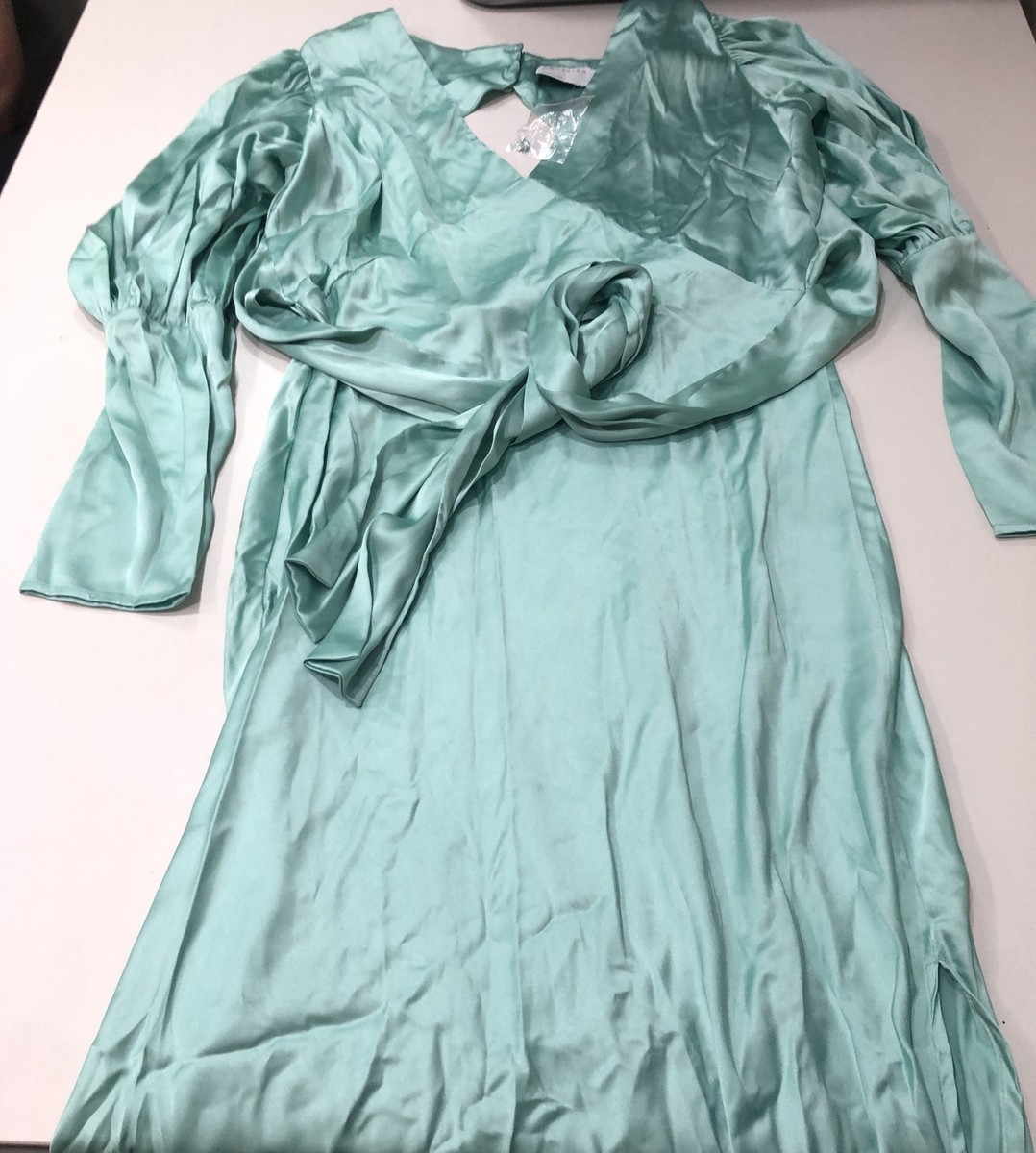 asos green puff sleeve dress Design Seafoam Satin Midi Size 10 modest clothing