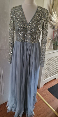 Amelia Rose sequin bridesmaid party lace Maxi dress grey /silver / blue size 12