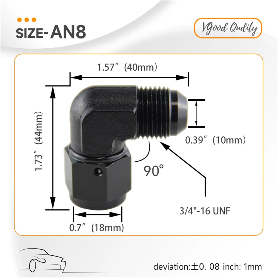 Adaptador de unión acoplador giratorio 2 piezas 90 grados macho 8AN a 8AN hembra montaje negro Foto 4 de 4
