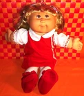 Cabbage Patch Kids, girl in red outfit, blonde hair + ribbons, Vtg 18" H