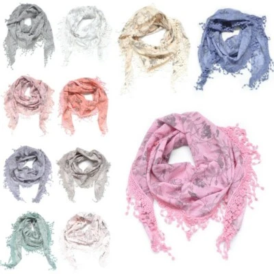 MARKENLOS Cotton Dreieckstuch Halstuch Tuch Schal Stola Fransen Spitze Faltens​chal Blumen