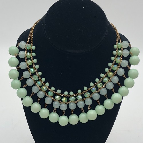 Statement Necklace Light Mint Green ,Collar jade color beads 4 layer gold tone