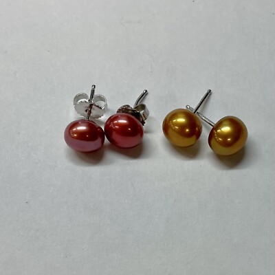 Honora pearl earrings pair of sterling silver nut pearl stud orange and  red