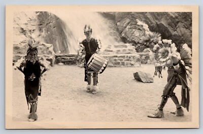 Postcard Native American Dance Scene Feather Headdress Drum RPPC c1950s AV7