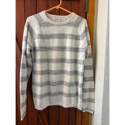 Primark Womens Large White Grey Striped Crew Neck Raglan Sleeve Knit Sweater