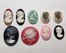 Lot of 9 Vintage Style Resin Cameo Cabochons Floral Lady Butterfly Mixed EUC