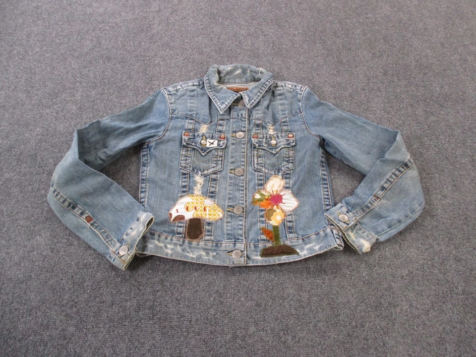 Chaqueta True Religion Mujer L Azul Jean Denim Boho Parches Floral Camionero Trabajo Foto 2 de 4
