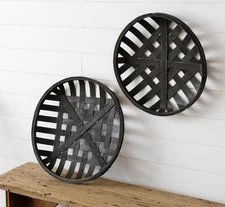 New Rustic Farmhouse Primitive SET 2 BLACK ROUND TOBACCO BASKET Wall Hanging