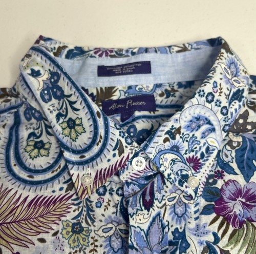 Alan Flusser Shirt Mens XXL Blue Paisley Linen Blend Button Up Floral Flip Cuffs - Picture 4 of 15