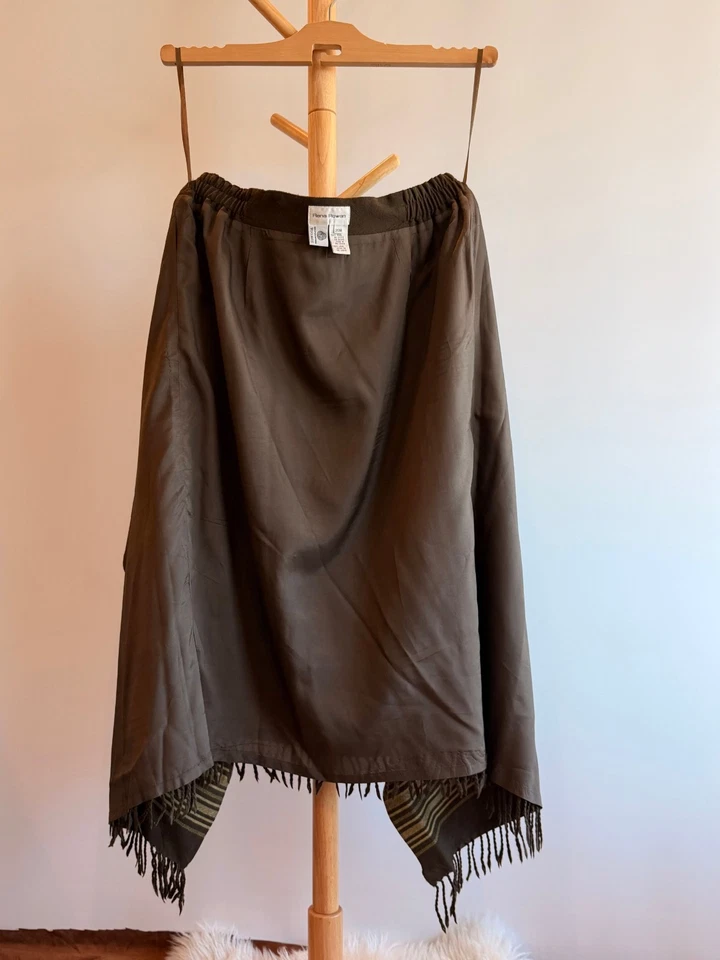 Saia de lã Rena Rowan 20W marrom franja bainha listrada marca de lã vintage anos 90 forrada - Imagem 2 de 4