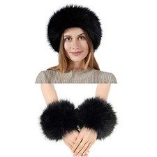 2 Pieces Faux Fur Headband Arm Warmers Wrist Cuffs Earmuff Ear Warmer for Black