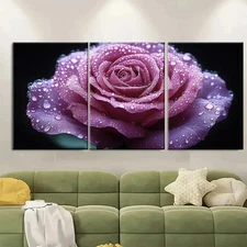 3pcs Violet Rose Water Droplets ET Wall Art Canvas Framed 50x70cm
