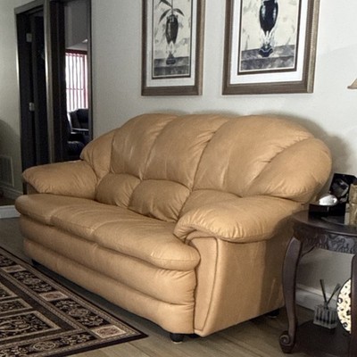 Beige Leather Sofa with Pad Arms, High Back, Wood Frame, Modern.