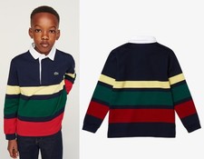 Lacoste Regular Fit Striped Rugby Polo Kids' 8 L/S Navy Blue Yellow Green Red