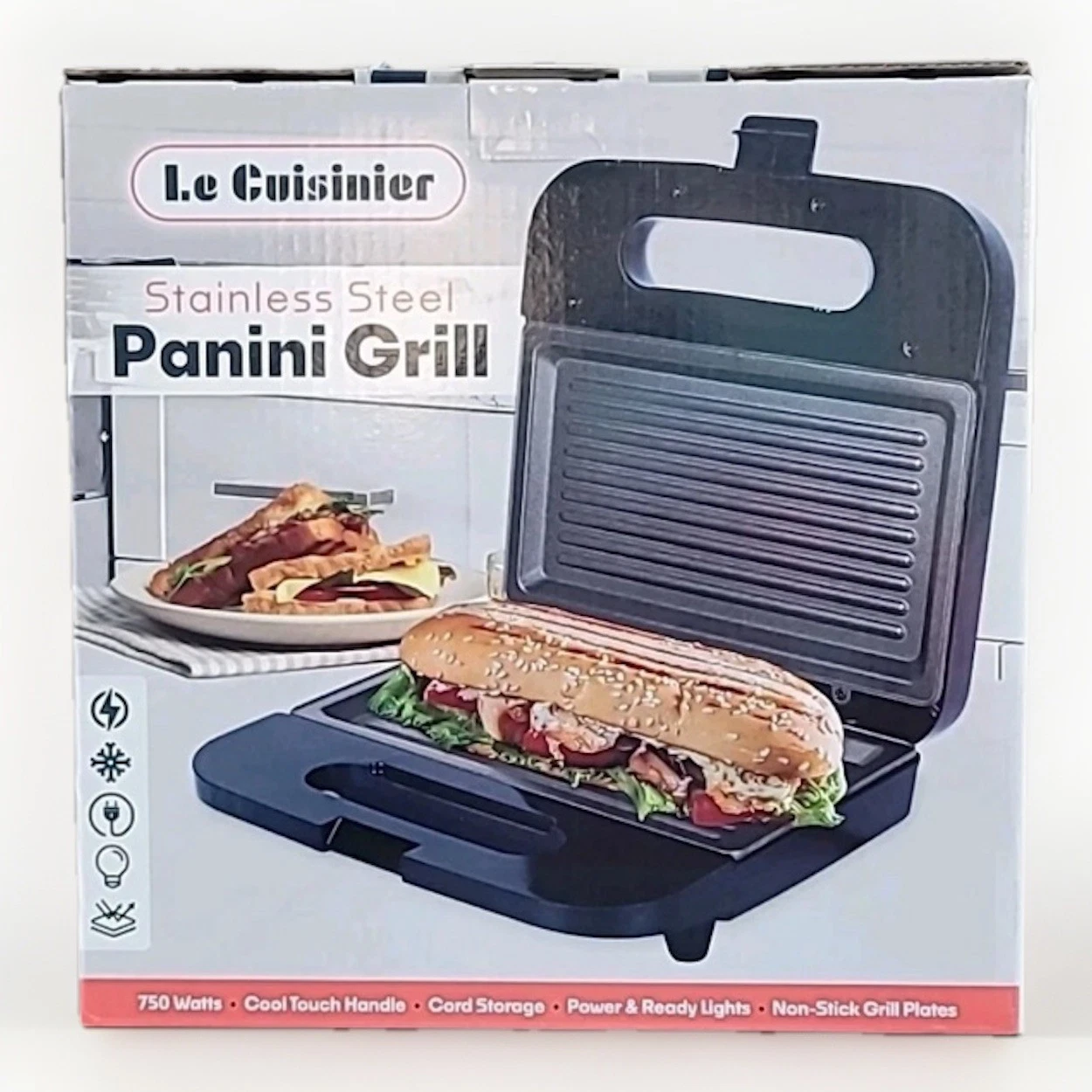 Stainless Steel Panini Grill 750 Watt Non-stick with Cord Storage & Ready Light