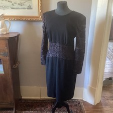 Carolina Herrera Size 12 Dress Neiman Marcus Wool Lace Black Beaded Cocktail Zip