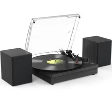 Vinyl Record Player with Bluetooth, Stereo Speakers, AUX, RCA, 3 Speed, Black