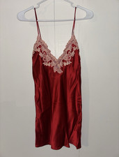 Authentic La Perla Red Satin Full Slip Chemise Lace Trim Adjustable Straps