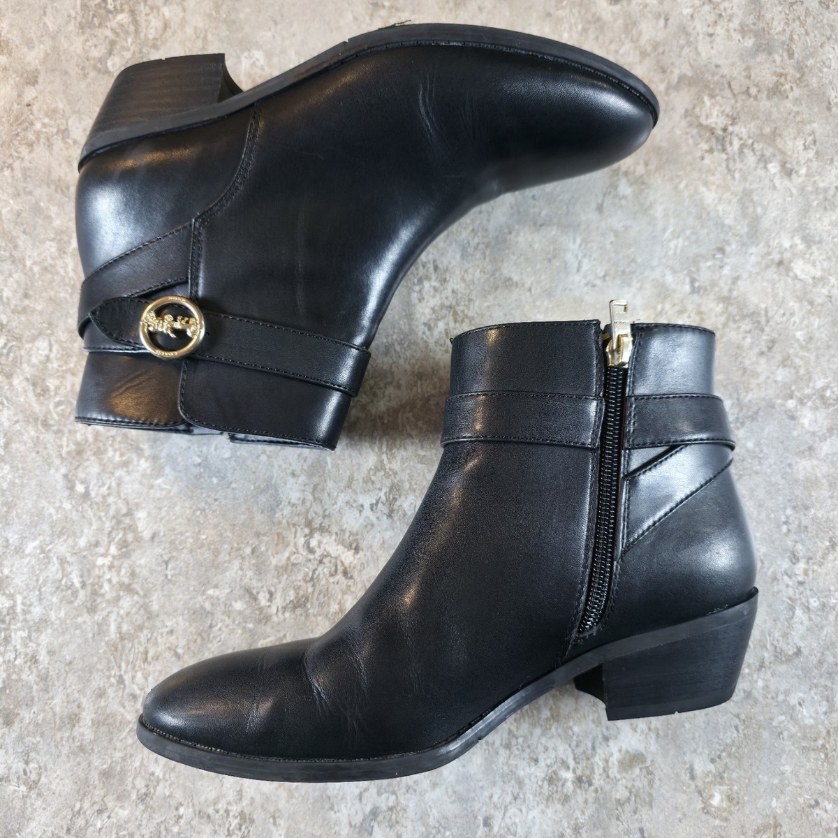 Coach Black Debi Smooth Leather Ankle Boots 6.5 B Horse & Carriage Buckle View 4