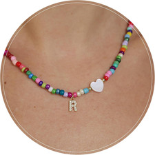 Colorful Beaded Initial Necklace for Teen Women, Custom Letter Choker, Trendy Ha