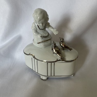 Porcelain White And Silver Colored Trinket Box Features Girl Feeding Pidgeons 