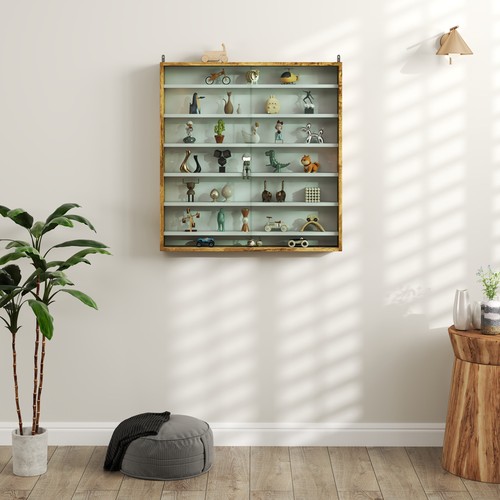 HOMCOM 7-Tier Wall Display Cabinet w/ Shelves Glass Doors, Rustic Brown - Picture 9 of 11