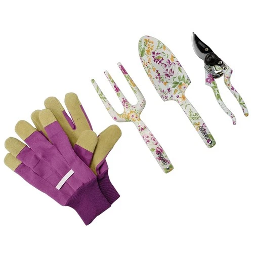 Garden Hand Tools Set Trowel Fork Secateurs Gloves Floral Pattern Draper 08993