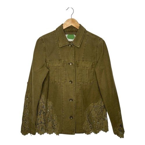 Anthropologie Green Military Cotton Button Up Shacket Twill Lace Utility Small - Picture 2 of 12