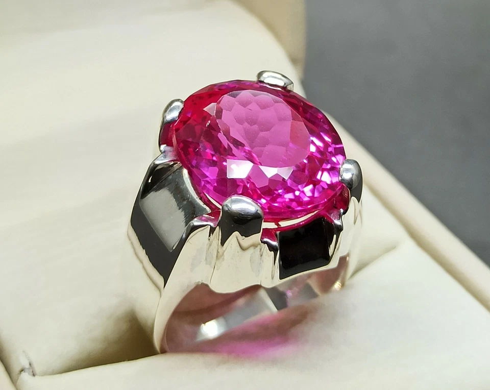Anillo grande de topacio rosa de 24 quilates corte ovalado de plata de ley 925 hecho a mano de topacio rosa para hombre Foto 4 de 4